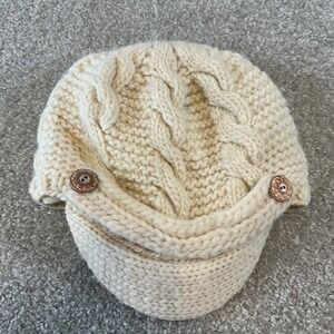 Nirvanna Designs Hand Knit Wool Visor Beanie Hat Cream Cable Knit Fleece Lined